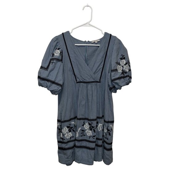 Madewell Blue Embroidered  Foldover V-Neck Puff Sleeve Mini Dress  Women's Size - Picture 2 of 10